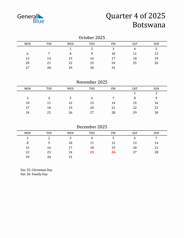 Quarter 4 2025 Botswana Quarterly Calendar