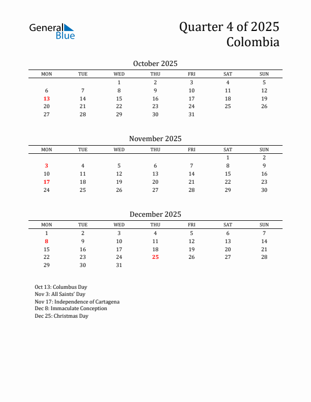 Quarter 4 2025 Colombia Quarterly Calendar