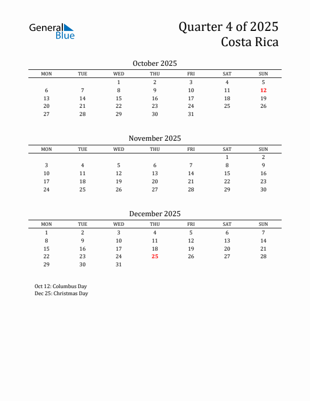 Quarter 4 2025 Costa Rica Quarterly Calendar