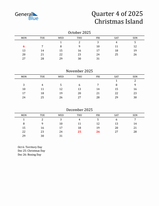 Quarter 4 2025 Christmas Island Quarterly Calendar