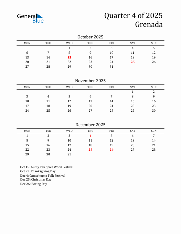 Quarter 4 2025 Grenada Quarterly Calendar