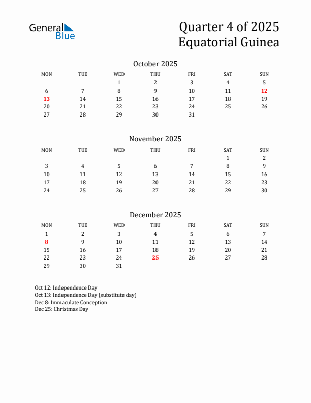 Quarter 4 2025 Equatorial Guinea Quarterly Calendar
