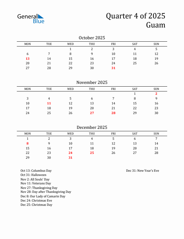 Quarter 4 2025 Guam Quarterly Calendar