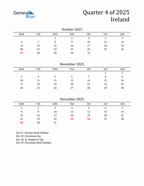 Quarter 4 2025 Ireland Quarterly Calendar