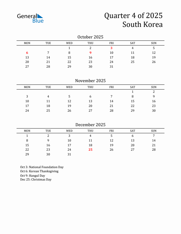 Quarter 4 2025 South Korea Quarterly Calendar