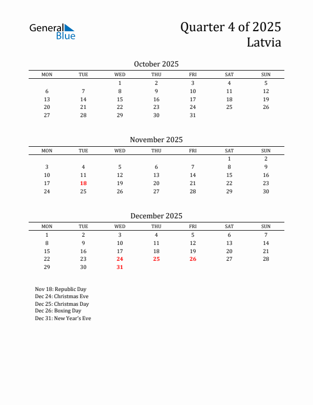 Quarter 4 2025 Latvia Quarterly Calendar