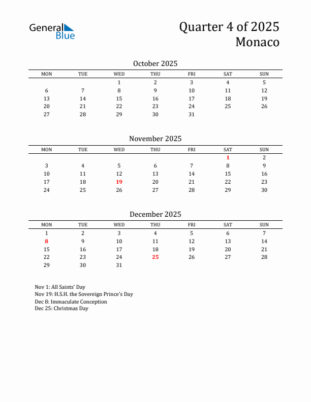 Quarter 4 2025 Monaco Quarterly Calendar