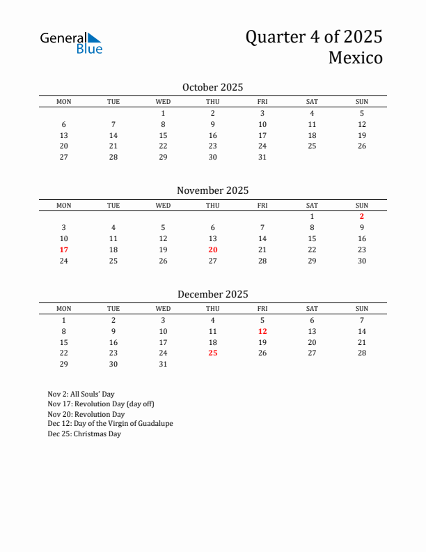 Quarter 4 2025 Mexico Quarterly Calendar