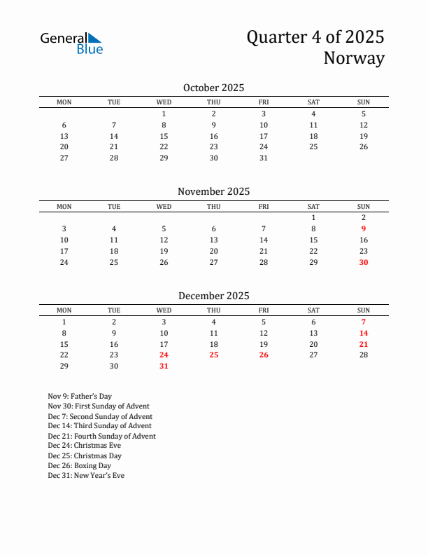 Quarter 4 2025 Norway Quarterly Calendar