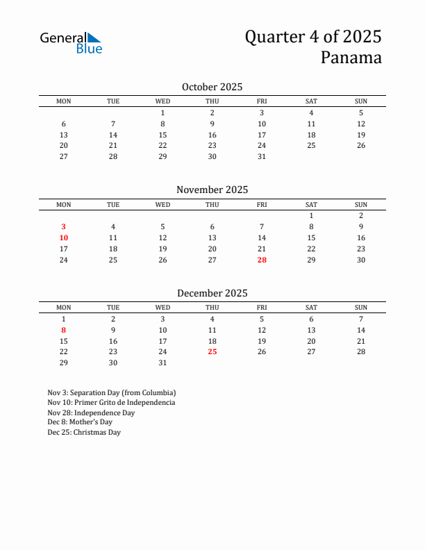 Quarter 4 2025 Panama Quarterly Calendar