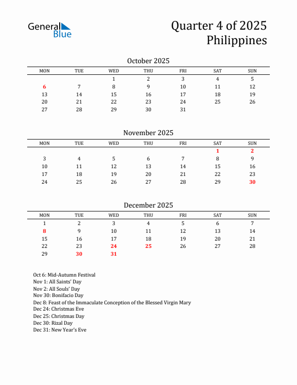 Quarter 4 2025 Philippines Quarterly Calendar