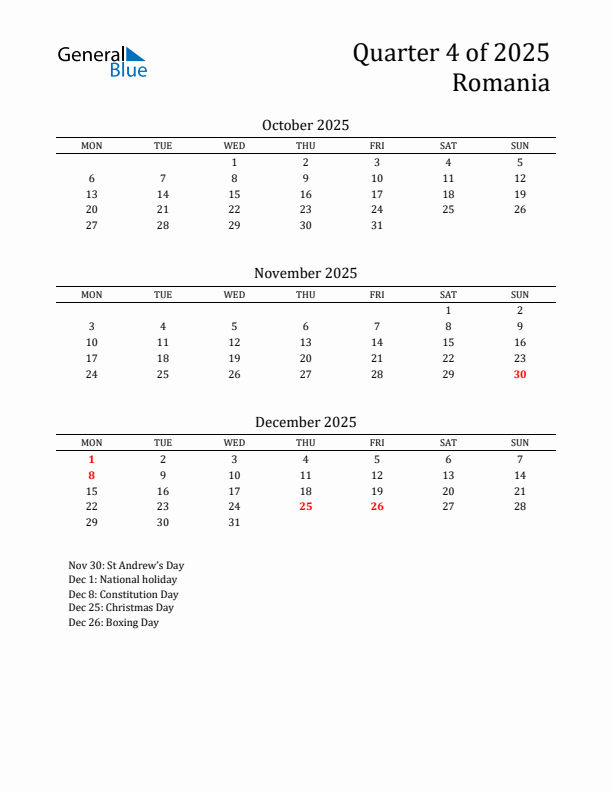 Quarter 4 2025 Romania Quarterly Calendar