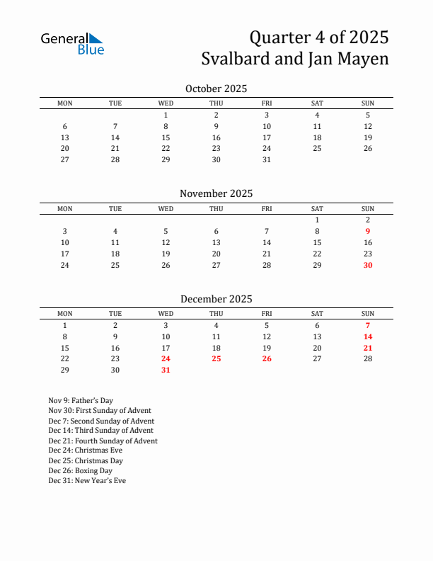 Quarter 4 2025 Svalbard and Jan Mayen Quarterly Calendar