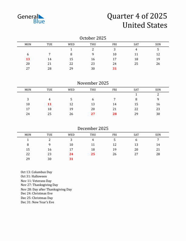 Quarter 4 2025 United States Quarterly Calendar