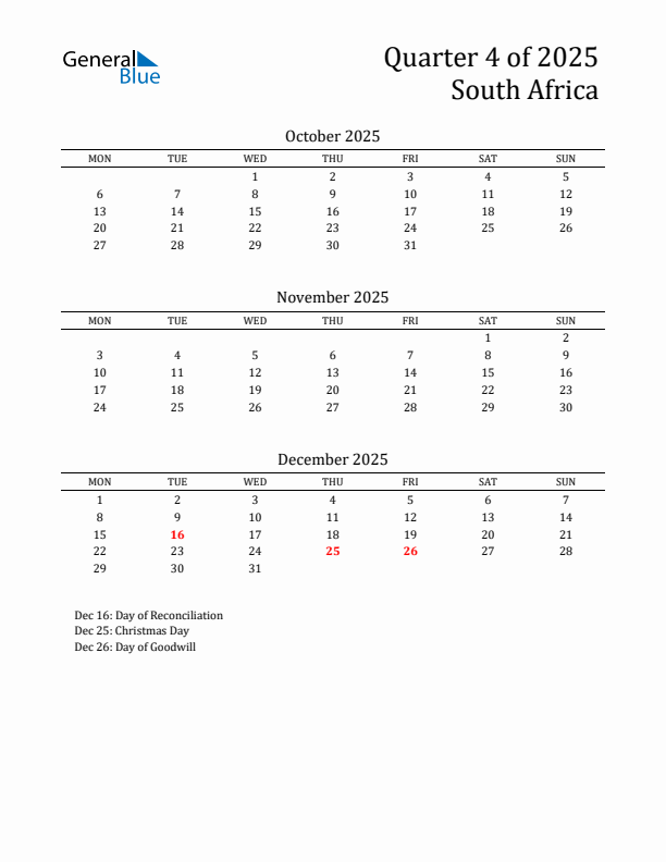 Quarter 4 2025 South Africa Quarterly Calendar