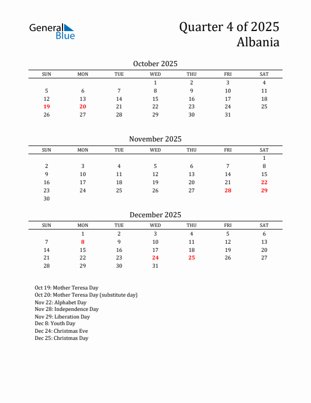 Quarter 4 2025 Albania Quarterly Calendar