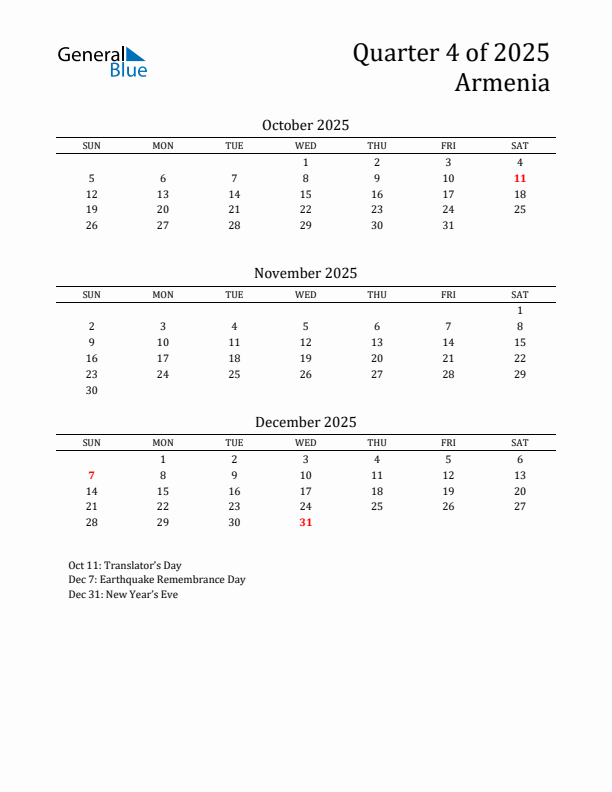 Quarter 4 2025 Armenia Quarterly Calendar