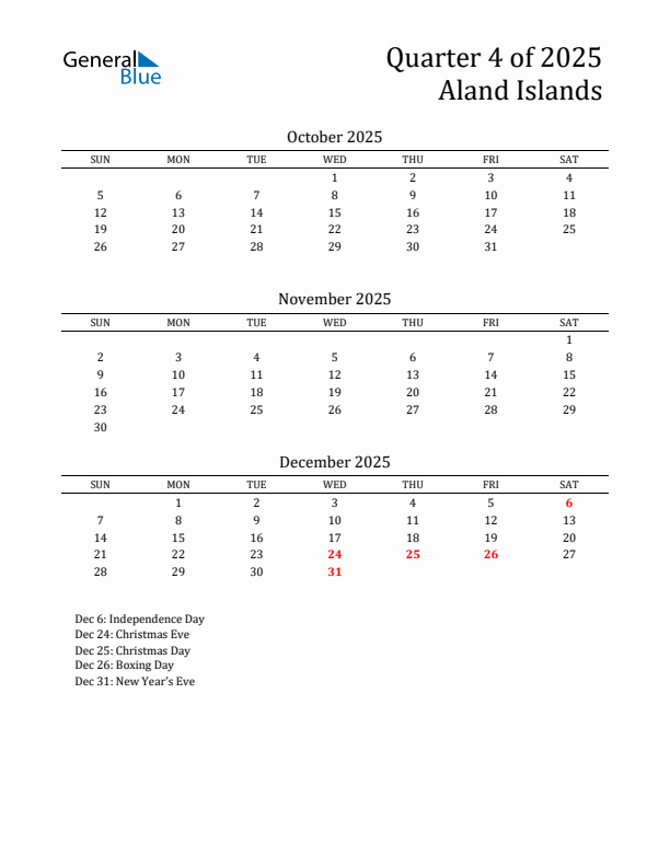 Quarter 4 2025 Aland Islands Quarterly Calendar