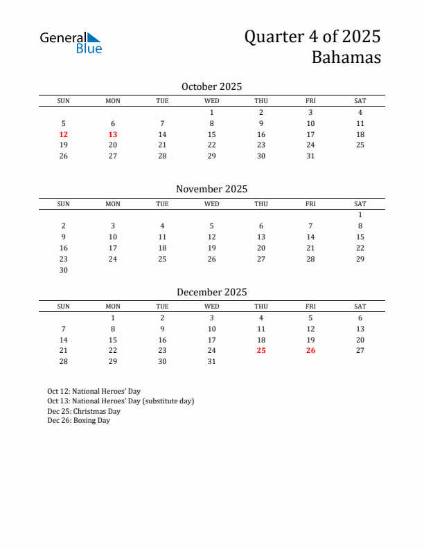 Quarter 4 2025 Bahamas Quarterly Calendar