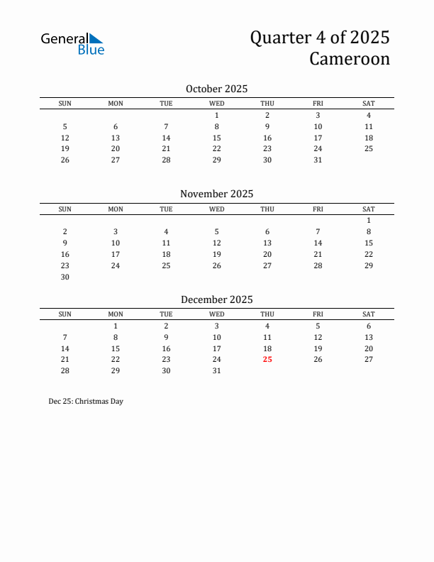 Quarter 4 2025 Cameroon Quarterly Calendar