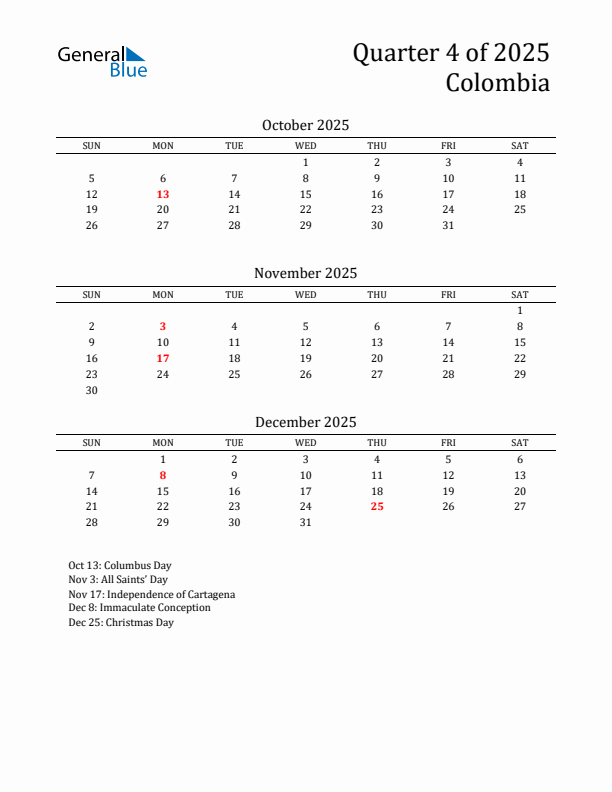 Quarter 4 2025 Colombia Quarterly Calendar