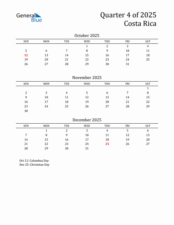 Quarter 4 2025 Costa Rica Quarterly Calendar