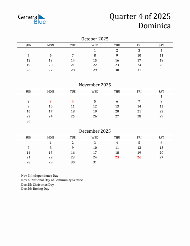 Quarter 4 2025 Dominica Quarterly Calendar