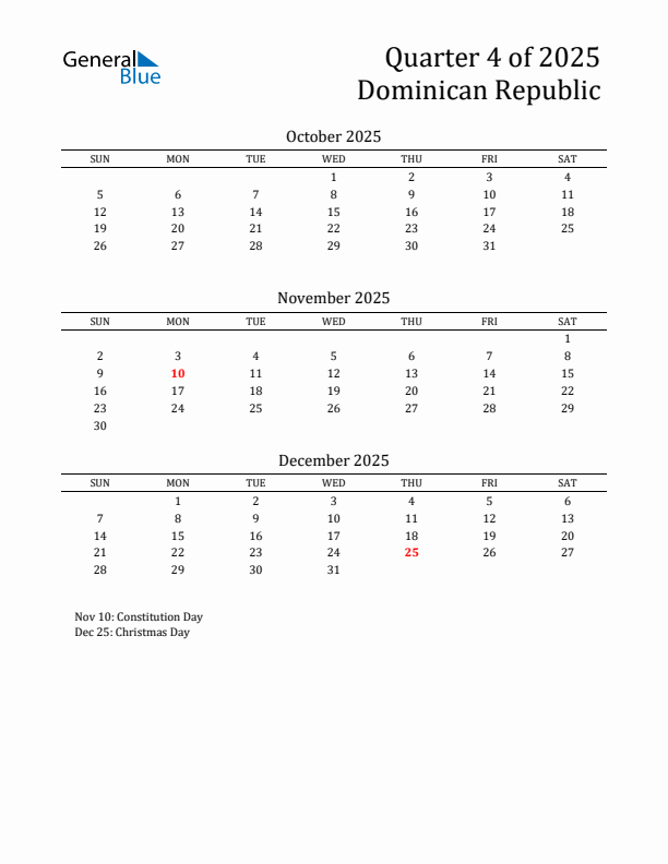 Quarter 4 2025 Dominican Republic Quarterly Calendar