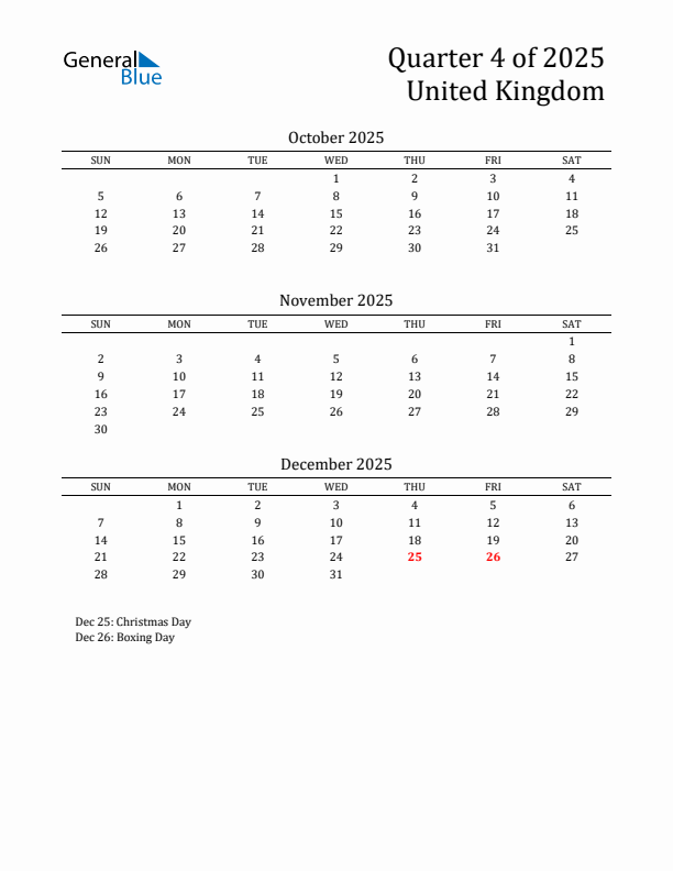 Quarter 4 2025 United Kingdom Quarterly Calendar