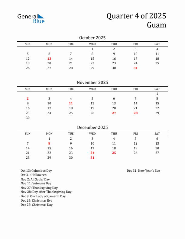 Quarter 4 2025 Guam Quarterly Calendar