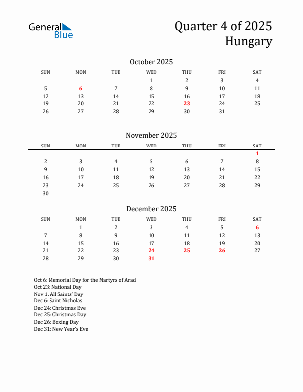 Quarter 4 2025 Hungary Quarterly Calendar