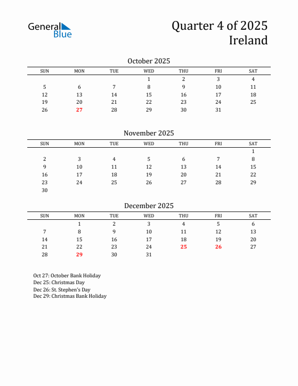 Quarter 4 2025 Ireland Quarterly Calendar