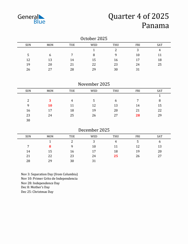 Quarter 4 2025 Panama Quarterly Calendar