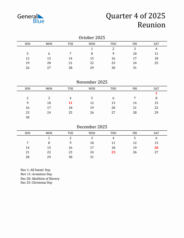 Quarter 4 2025 Reunion Quarterly Calendar