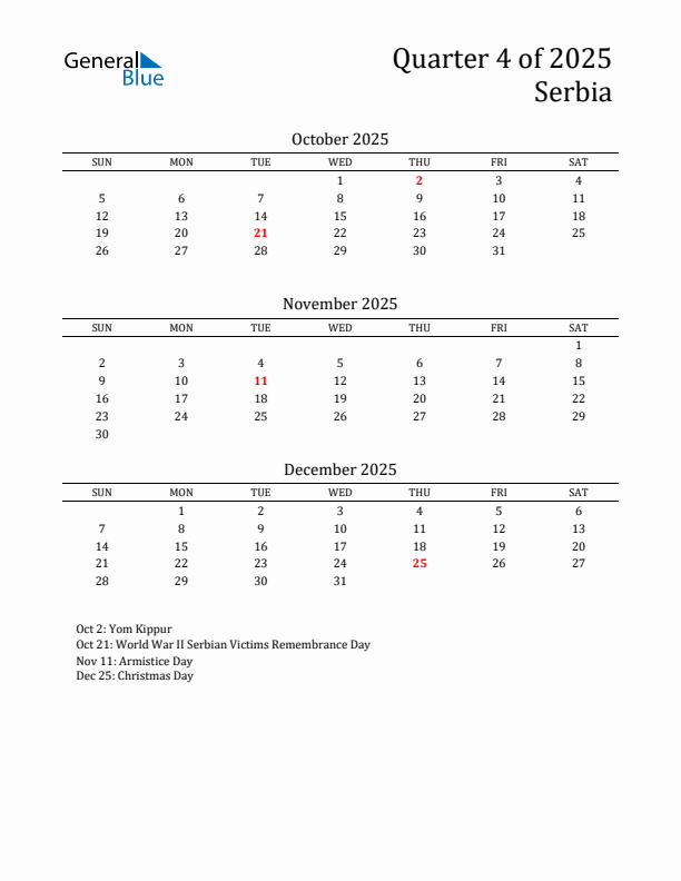 Quarter 4 2025 Serbia Quarterly Calendar