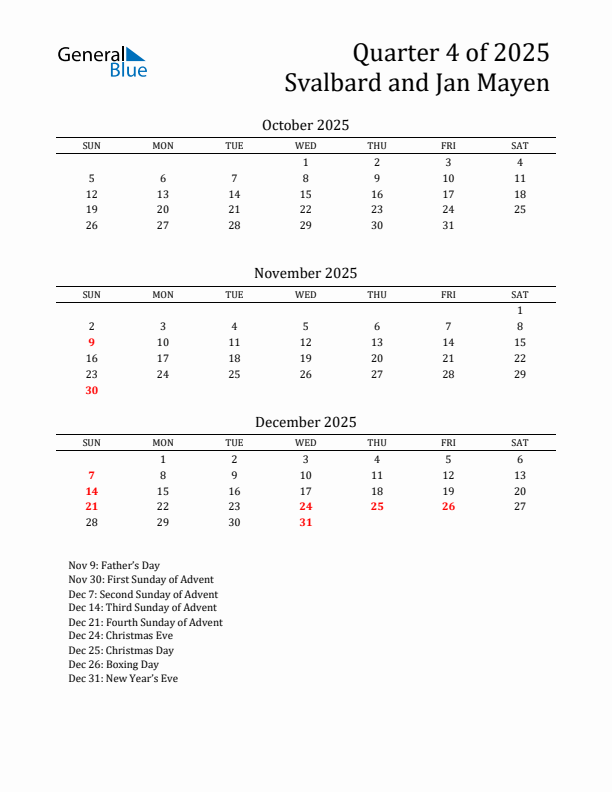 Quarter 4 2025 Svalbard and Jan Mayen Quarterly Calendar