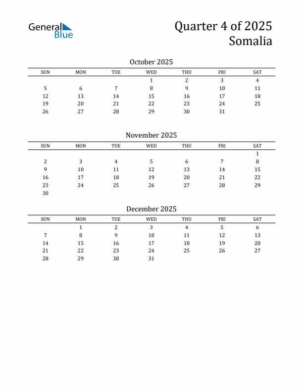 Quarter 4 2025 Somalia Quarterly Calendar