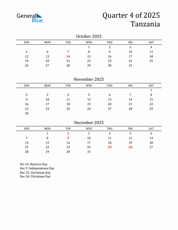 Quarter 4 2025 Tanzania Quarterly Calendar