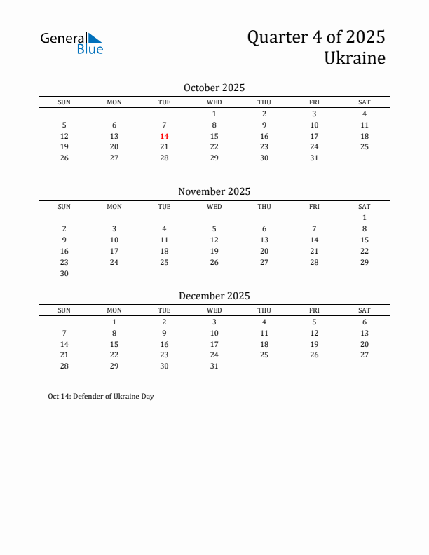 Quarter 4 2025 Ukraine Quarterly Calendar