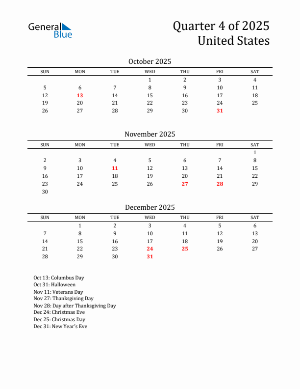 Quarter 4 2025 United States Quarterly Calendar