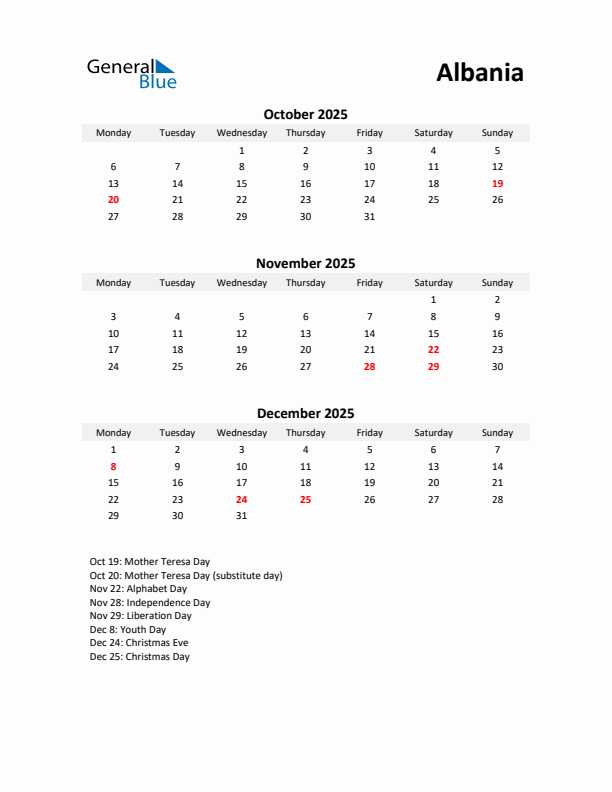 Printable Quarterly Calendar with Notes and Albania Holidays- Q4 of 2025