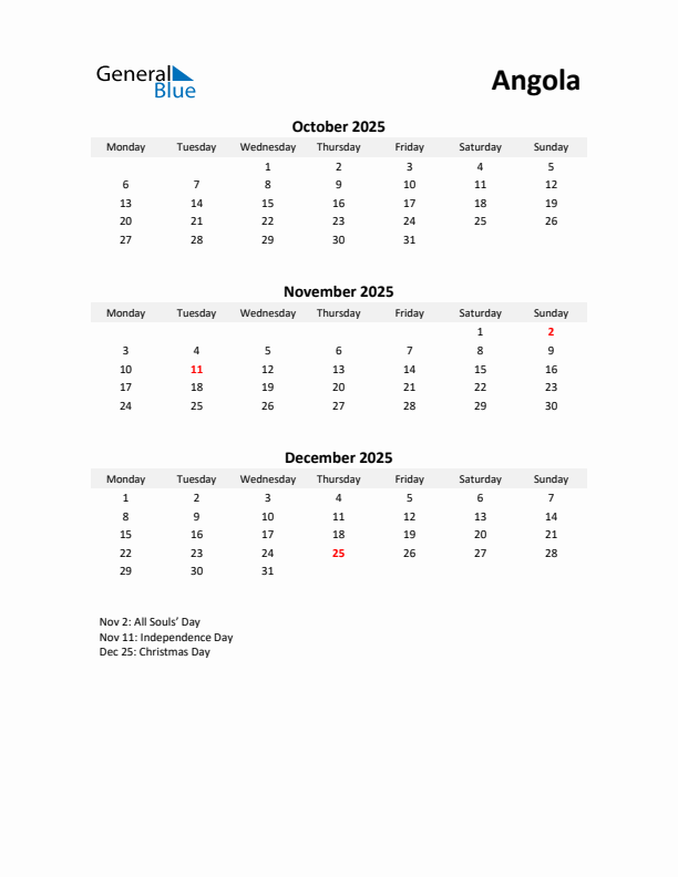 Printable Quarterly Calendar with Notes and Angola Holidays- Q4 of 2025