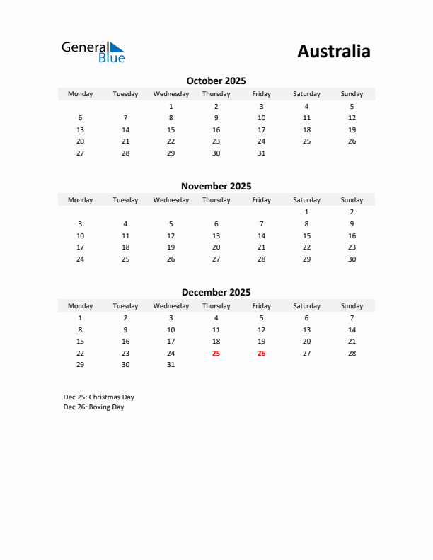 Printable Quarterly Calendar with Notes and Australia Holidays- Q4 of 2025