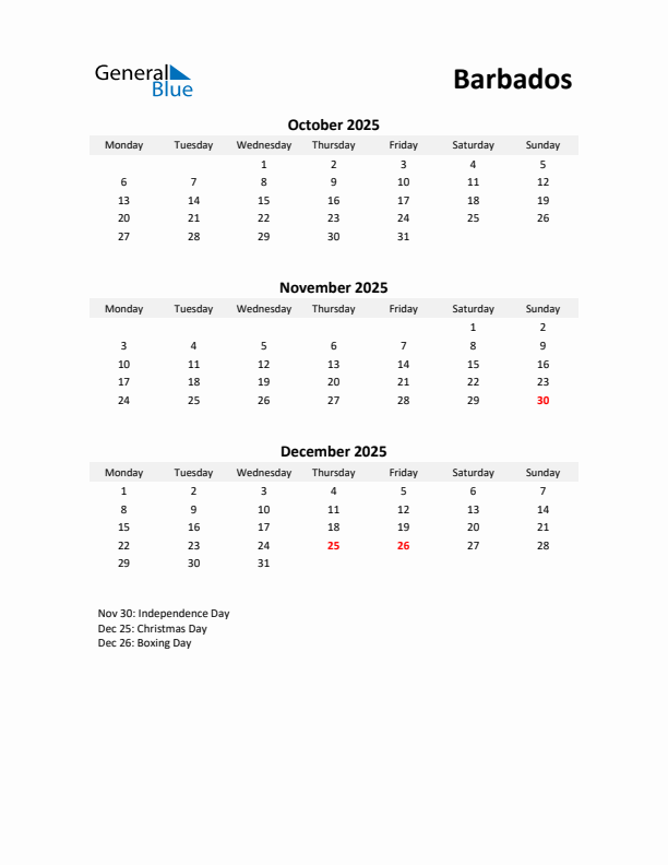 Printable Quarterly Calendar with Notes and Barbados Holidays- Q4 of 2025