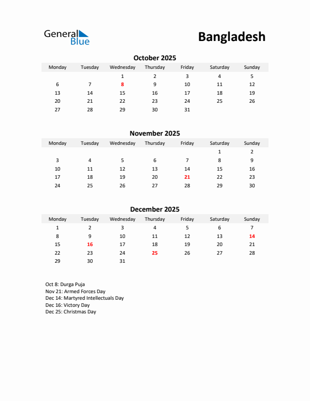 Printable Quarterly Calendar with Notes and Bangladesh Holidays- Q4 of 2025