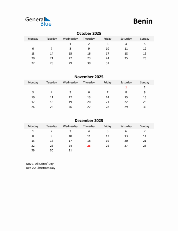 Printable Quarterly Calendar with Notes and Benin Holidays- Q4 of 2025