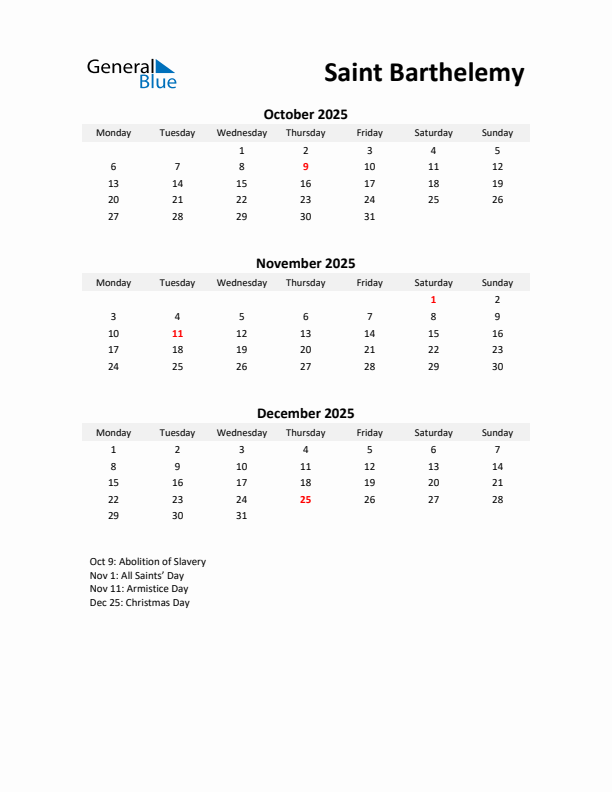 Printable Quarterly Calendar with Notes and Saint Barthelemy Holidays- Q4 of 2025