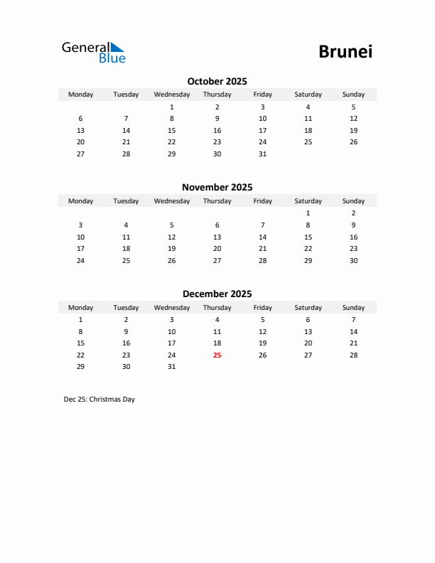 Printable Quarterly Calendar with Notes and Brunei Holidays- Q4 of 2025