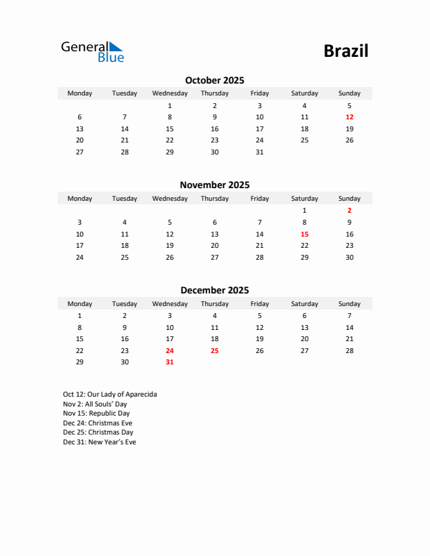 Printable Quarterly Calendar with Notes and Brazil Holidays- Q4 of 2025