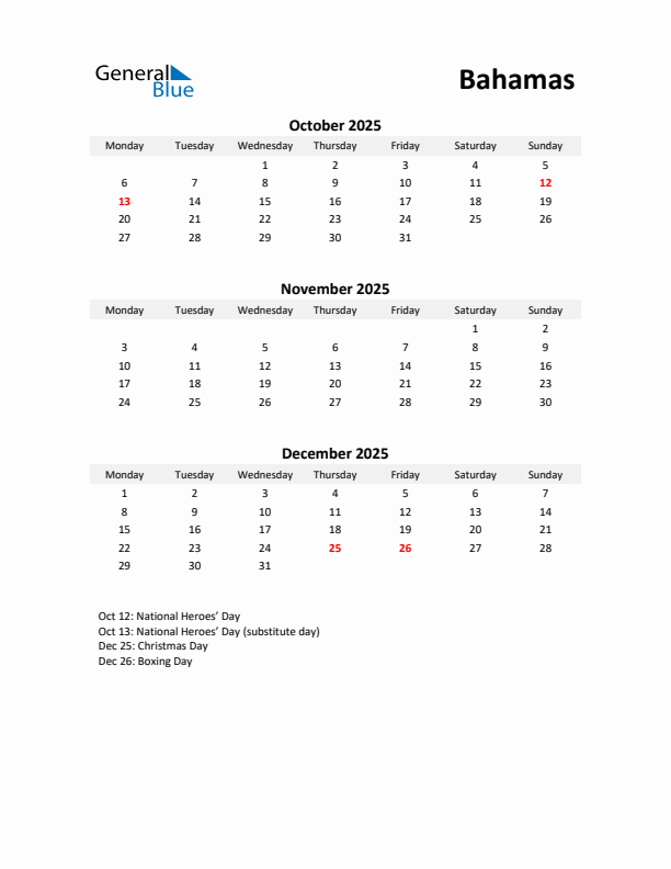 Printable Quarterly Calendar with Notes and Bahamas Holidays- Q4 of 2025